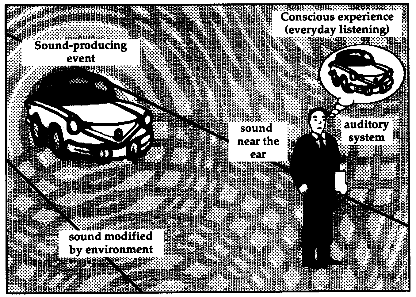 L'esempio dell'automobile come sorgente di onde sonore; alcune onde
raggiungono l'orecchio umano immutate, altre invece vengono modificate
dall'ambiente.